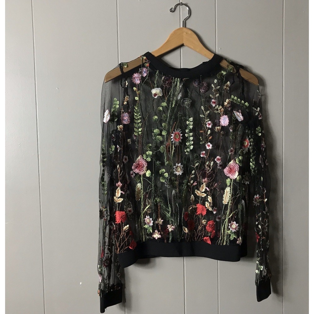 STELLA MORGAN BLACK SHEER MESH WILDFLOWERS EMBROIDERED TOP WOMENS SIZE US 6